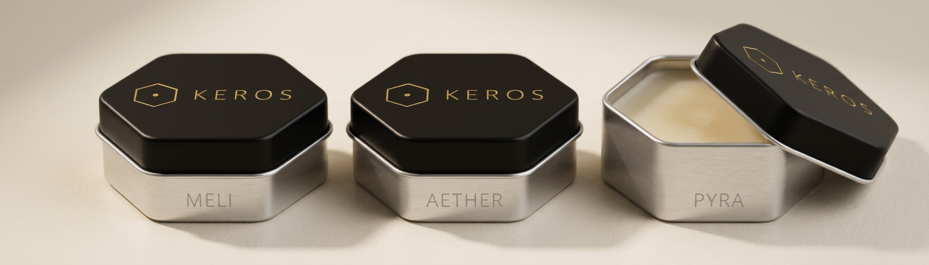 KEROS solid perfume tins — MELI, AETHER and PYRA