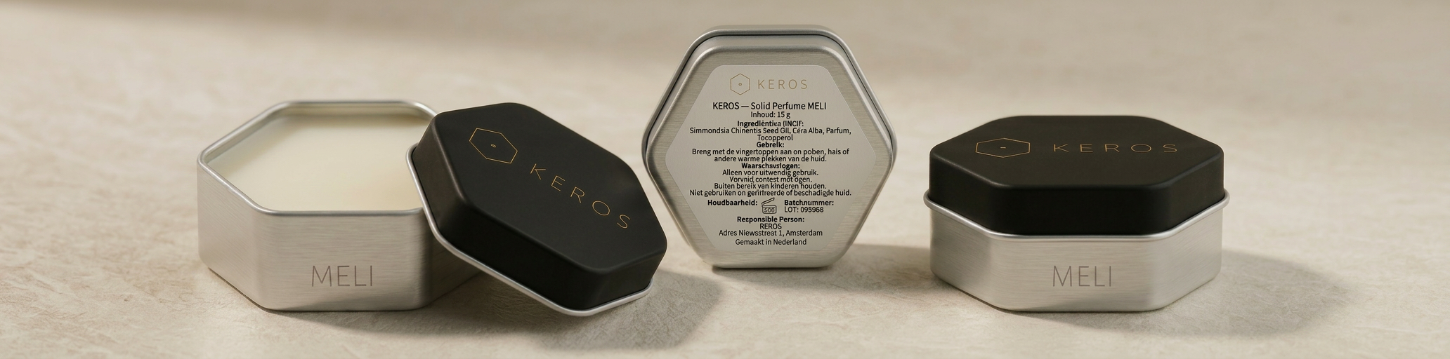 KEROS solid perfume tins — MELI, AETHER and PYRA