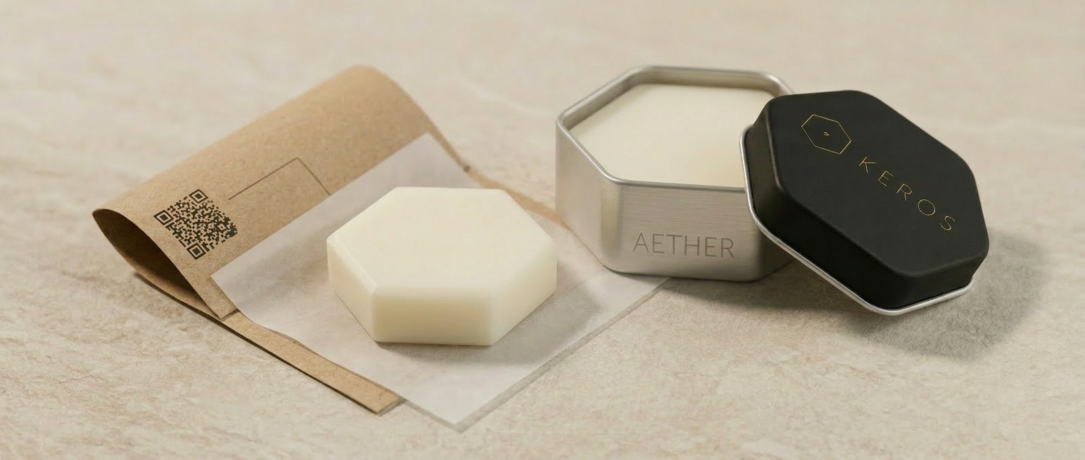KEROS solid perfume tins — MELI, AETHER and PYRA